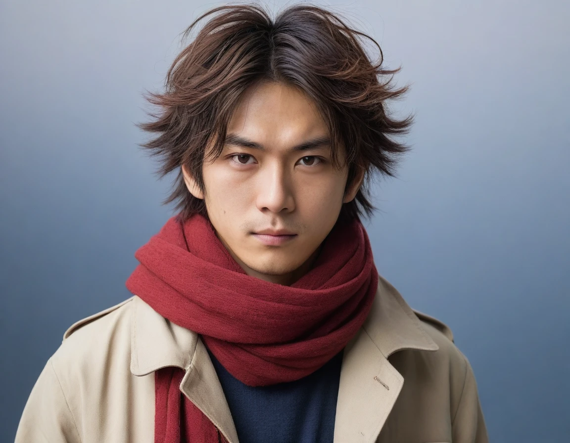 1man, perfect face, Young Japanese man wearing a red scarf and a somewhat old and worn brown jacket, best quality ,masterpiece, illustration, extremely detailed ,CG ,unity ,8k wallpaper, Amazing, finely detail, masterpiece,best quality,official art,extremely detailed CG unity 8k wallpaper,absurdres, incredibly absurdres, huge filesize, ultra-detailed, highres, extremely detailed, messy hair, japanese boy, japan young man, completely white t-shirt, battered red scarf, ryoma nagare, cream coat,18yo, 18 years old, age 18,