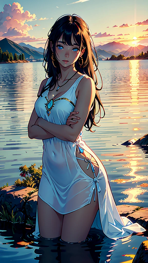 1 girl, serene expression, mesmerizing eyes, straight long hair, flowing dress, poised posture, porcelain skin, subtle blush, crystal pendant
BREAK
golden hour, (rim lighting):1.2, warm tones, sun flare, soft shadows, vibrant colors, painterly effect, dreamy atmosphere
BREAK
scenic lake, distant mountains, willow tree, calm water, reflection, sunlit clouds, peaceful ambiance, idyllic sunset, ultra detailed, official art, unity 8k wallpaper
, zentangle, mandala