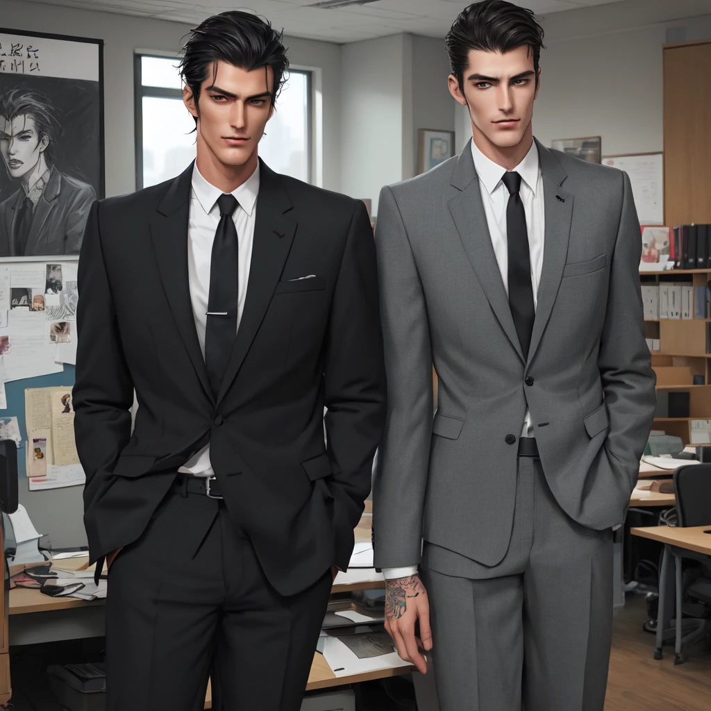 Tall dark and handsome, tattoos, model looking, male, chiseled features, 2D, hand drawn, manga style, rugged, smoking, in office, wearing suit, in his 20s, comic realism, oil painting, color pencil drawn