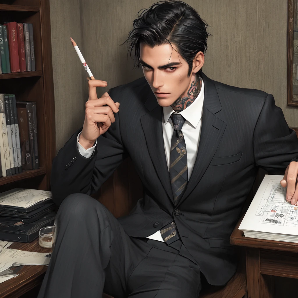 Tall dark and handsome, tattoos, model looking, male, chiseled features, 2D, hand drawn, manga style, rugged, smoking, in office, wearing suit, in his 20s, comic realism, oil painting, color pencil drawn