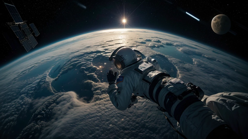 Astronauts Floating in Space, with the full moon shining brightly, guiding them on their journey. The image needs to be very realistic and in high resolution.