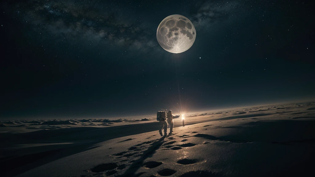 Astronauts Floating in Space, with the full moon shining brightly, guiding them on their journey. The image needs to be very realistic and in high resolution.