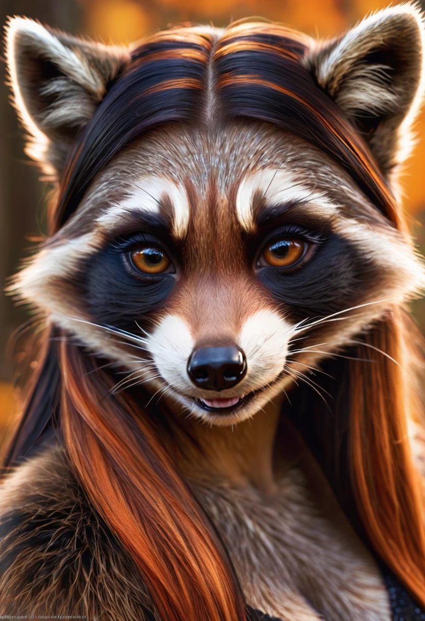 Create an realistic CGI photo of a anthropomorphic raccoon women. Long orange and black striped hair. The photo should be of the highest quality, a masterpiece with intricate details. The raccoon women should have a female, humanoid, appearance, with a vaugly human face. She should have luscious lips, a wide smile, and bright, expressive eyes, exuding beauty, cuteness, and adorableness. Ensure the image is high resolution and sharply detailed, with a detailed and vibrant background. Incorporate mystical lighting in the background, creating a romantic and enchanting atmosphere. regal. noble.