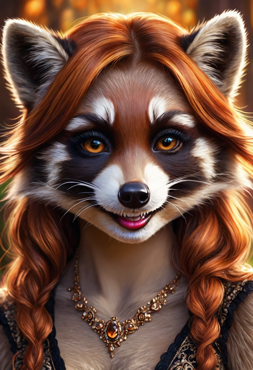 Create an realistic CGI photo of a anthropomorphic raccoon women. Long orange and black striped hair. The photo should be of the highest quality, a masterpiece with intricate details. The raccoon women should have a female, humanoid, appearance, with a vaugly human face. She should have luscious lips, a wide smile, and bright, expressive eyes, exuding beauty, cuteness, and adorableness. Ensure the image is high resolution and sharply detailed, with a detailed and vibrant background. Incorporate mystical lighting in the background, creating a romantic and enchanting atmosphere. regal. noble.