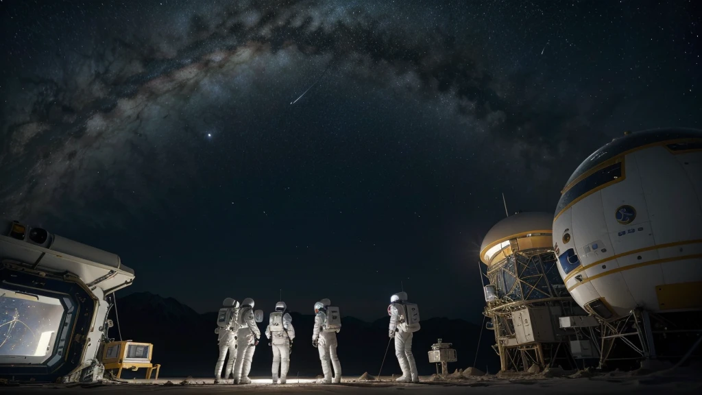 A scene of astronauts on a futuristic space station, carrying out experiments and admiring the view of the surrounding stars and planets. The image must be very realistic and in high resolution