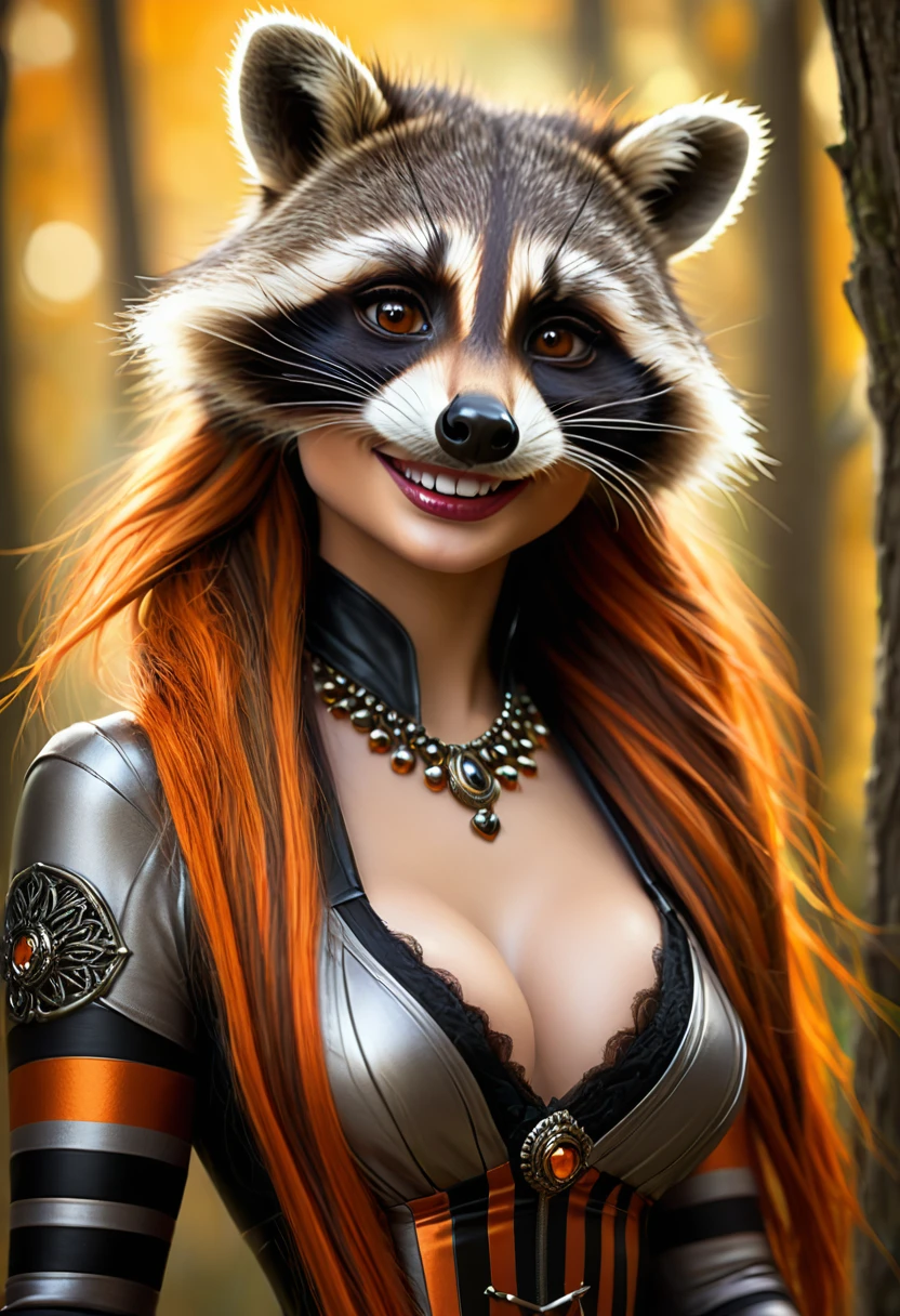 Create an realistic CGI photo of a anthropomorphic raccoon women. Long orange and black striped hair. The photo should be of the highest quality, a masterpiece with intricate details. The raccoon women should have a female, humanoid, appearance, with a vaugly human face. She should have luscious lips, a wide smile, and bright, expressive eyes, exuding beauty, cuteness, and adorableness. Ensure the image is high resolution and sharply detailed, with a detailed and vibrant background. Incorporate mystical lighting in the background, creating a romantic and enchanting atmosphere. regal. noble.
