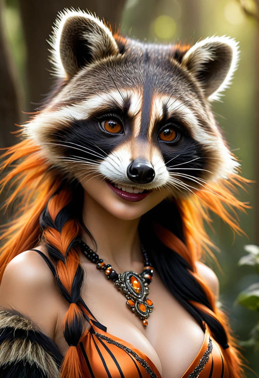 Create an realistic CGI photo of a anthropomorphic raccoon women. Long orange and black striped hair. The photo should be of the highest quality, a masterpiece with intricate details. The raccoon women should have a female, humanoid, appearance, with a vaugly human face. She should have luscious lips, a wide smile, and bright, expressive eyes, exuding beauty, cuteness, and adorableness. Ensure the image is high resolution and sharply detailed, with a detailed and vibrant background. Incorporate mystical lighting in the background, creating a romantic and enchanting atmosphere. regal. noble.
