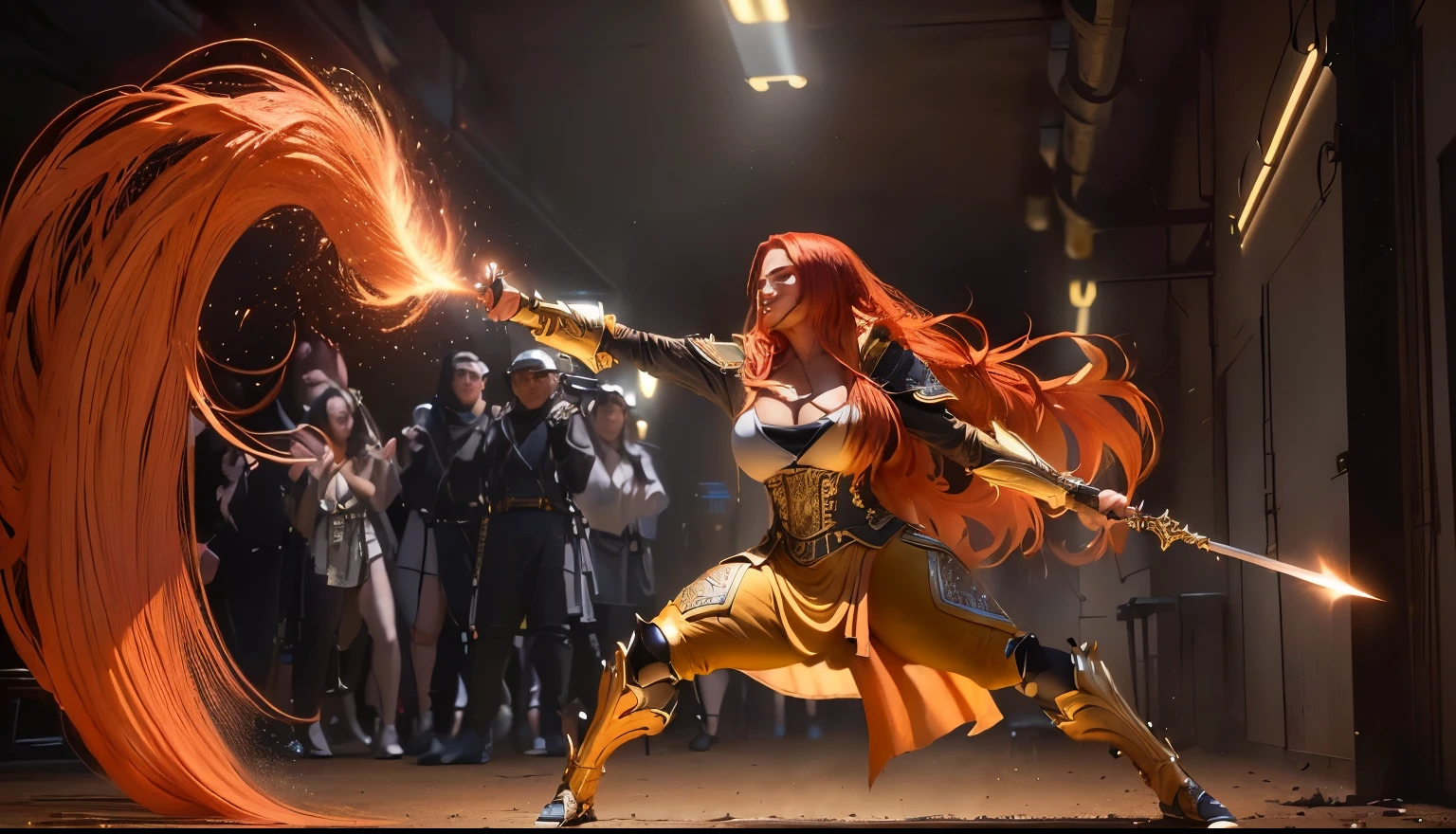 best quality,ultra-detailed,, woman with caramel skin tone, face resembles cardi b, very long two-tone red and yellow hair, curvy figure, standing on one leg in a fighting stance pointing a sword, (best quality,4k,8k,highres,masterpiece:1.2),ultra-detailed,(realistic,photorealistic,photo-realistic:1.37),portrait,full body,dynamic pose,dramatic lighting,fantasy,cinematic