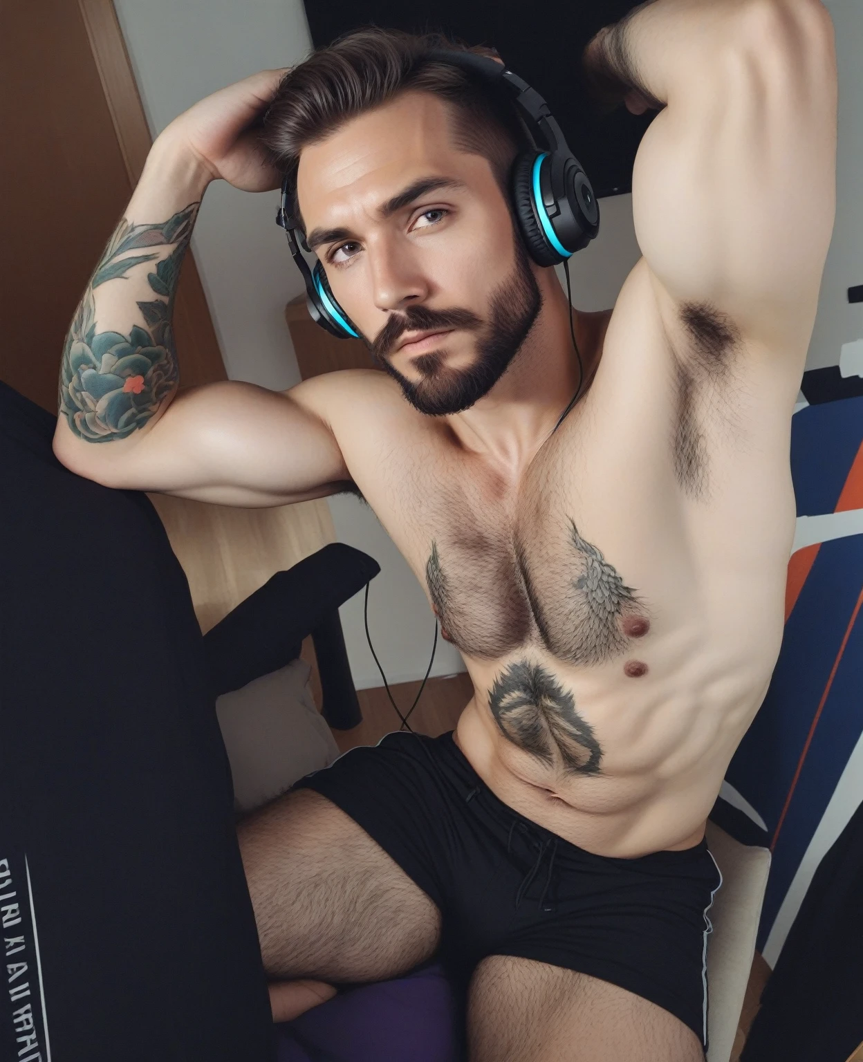 fit man with headphones and a tattoo on his arm, Serpentina do Twitch / gamer ludwig, (sfw) safe for work, hairy chest, hairy arms, hairy chest, bare hairy chest, hairy chest and hairy body, Serpentina do Twitch, thick, hairy neck and chest fuzz, inspired by Ludovit Fulla, hair on the chest, sweaty. steam in air, male sexy, (best qualityer,4K,8K,high resolution,work of art:1.2),ultra details, Muscle Man, bearded, Stately,[intense stare],Intimidating presence, terrifying presence,figura masculina,[Stately shadows],Gritty Realism,hypermasculinity, macrophilia,extreme detailed description,broadshouldered,dark haired,[stubble on the chin],Stately silhouette,bright coloured,body hair,different beard style,dominant posture,dominant figure,sharp focus,dominant presence,Unyielding pose,sense of authority, wearing tight clothes, colorful place, well-lit, vivid.