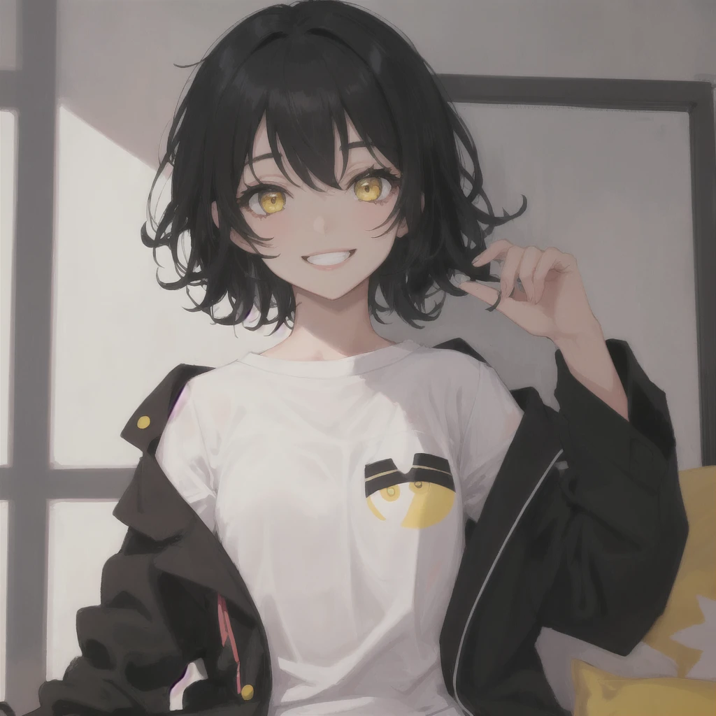 1girl, Black cut hair, yellow eyes, black pijamas, black background, smile,