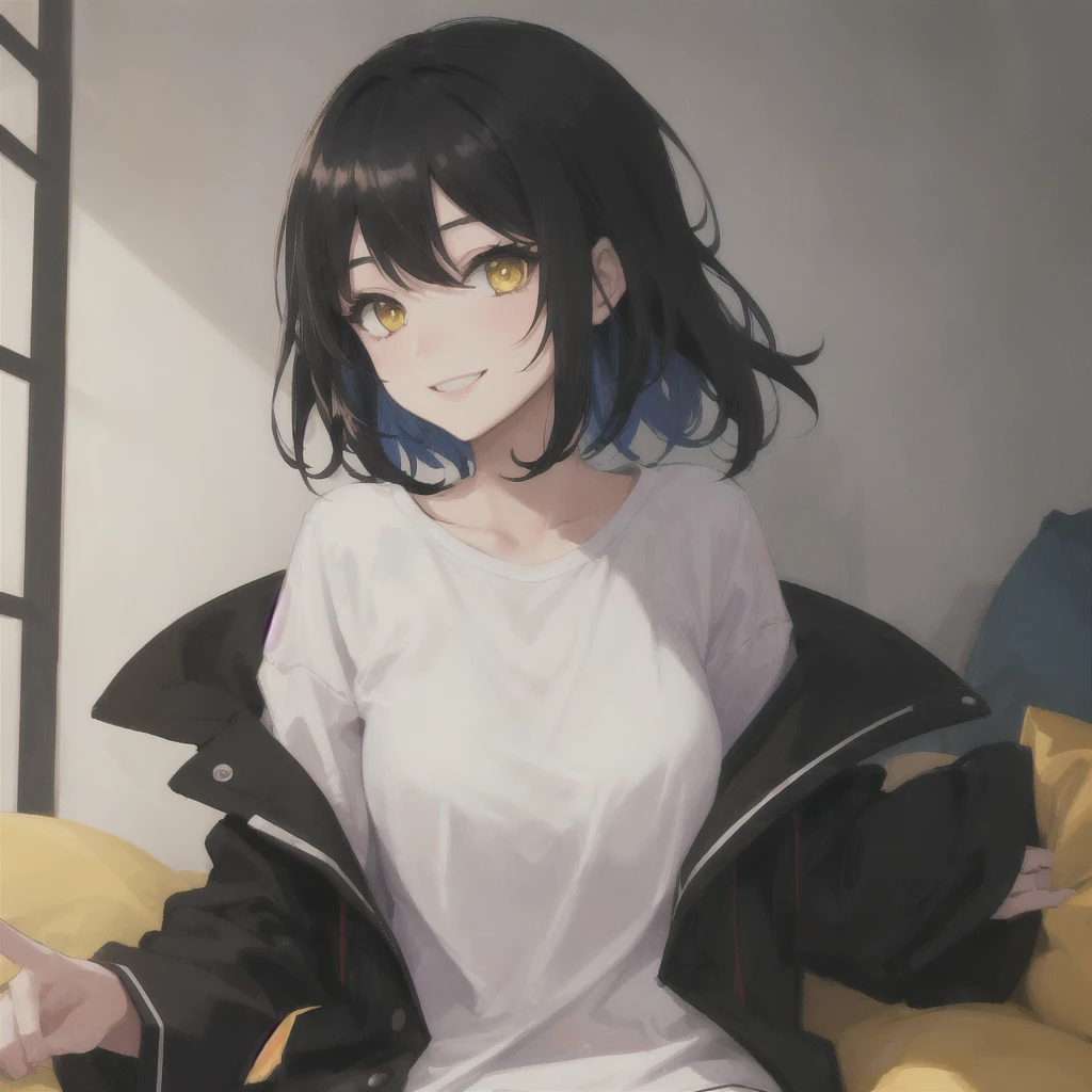 1girl, Black cut hair, yellow eyes, black pijamas, black background, smile,