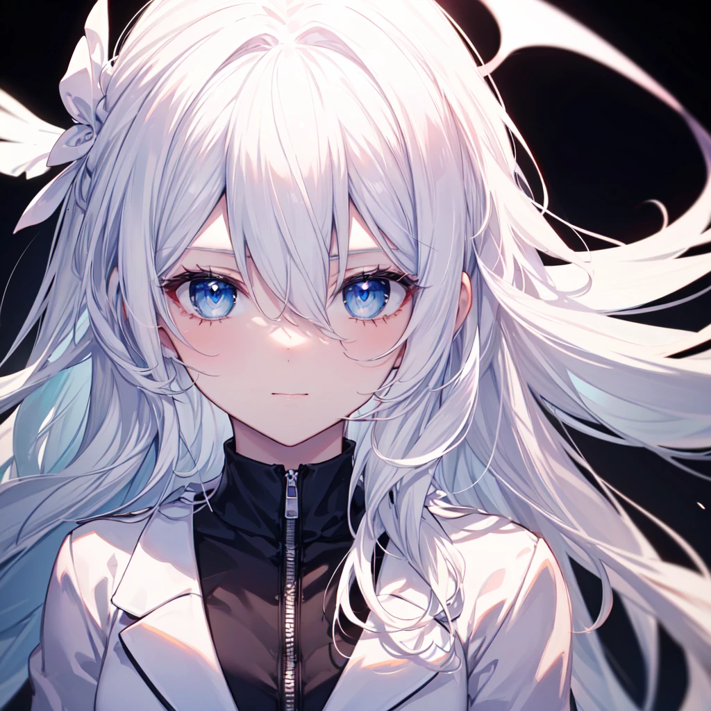 (8K, Highest quality, Highest quality, masterpiece), cute girl, kawaii, 22 age olg girl, face focus, black background, blue eyes, (((white hair, long hair, hair between eyes)))