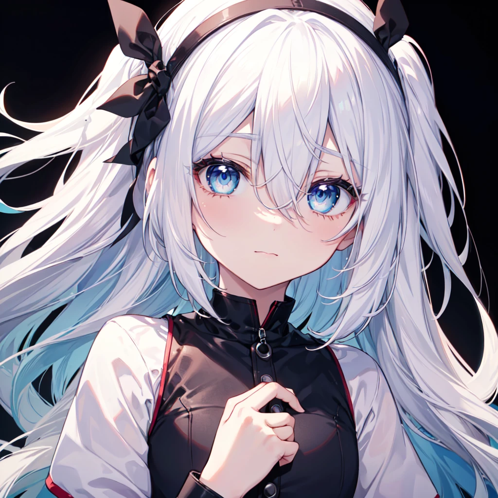 (8K, Highest quality, Highest quality, masterpiece), cute girl, kawaii, 22 age olg girl, face focus, black background, blue eyes, (((white hair, long hair, hair between eyes)))