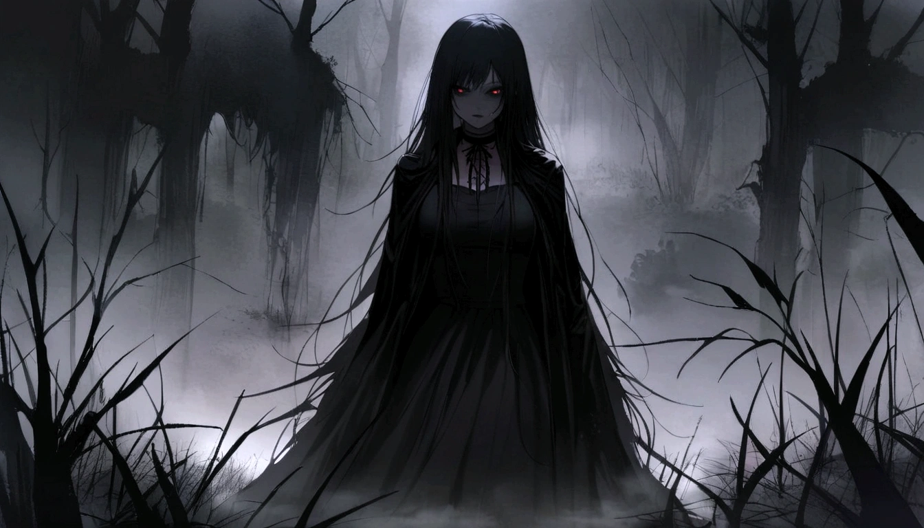 Goth girl with goth make-up in a creepy foggy marsh, witch aesthetic, the Blair witch project, wiccan aesthetic, dark atmosphere, ominous atmosphere, ultra detailed, masterpiece.