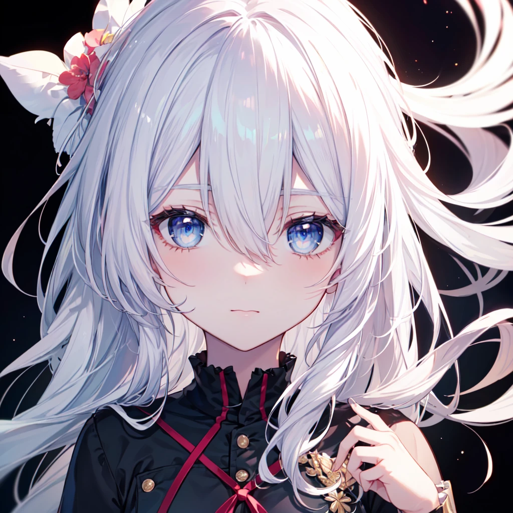 (8K, Highest quality, Highest quality, masterpiece), cute girl, kawaii, 22 age olg girl, face focus, black background, blue eyes, (((white hair, long hair, hair between eyes)))