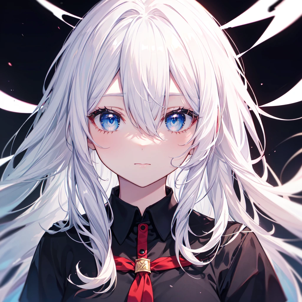 (8K, Highest quality, Highest quality, masterpiece), cute girl, kawaii, 22 age olg girl, face focus, black background, blue eyes, (((white hair, long hair, hair between eyes)))