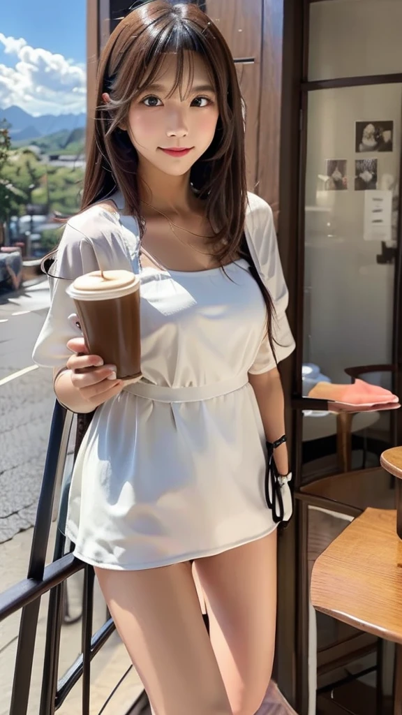 Medium Pair、Cafe、wall、white、Coffee on the table、Fashionable clothes