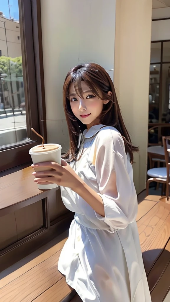 Medium Pair、Cafe、wall、white、Coffee on the table、Fashionable clothes