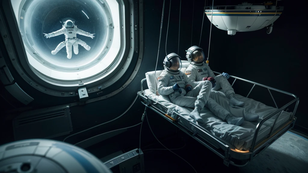 Astronauts floating freely inside the spaceship, playing with objects that float around you, symbolizing the absence of gravity. The image needs to be very realistic and in high resolution.