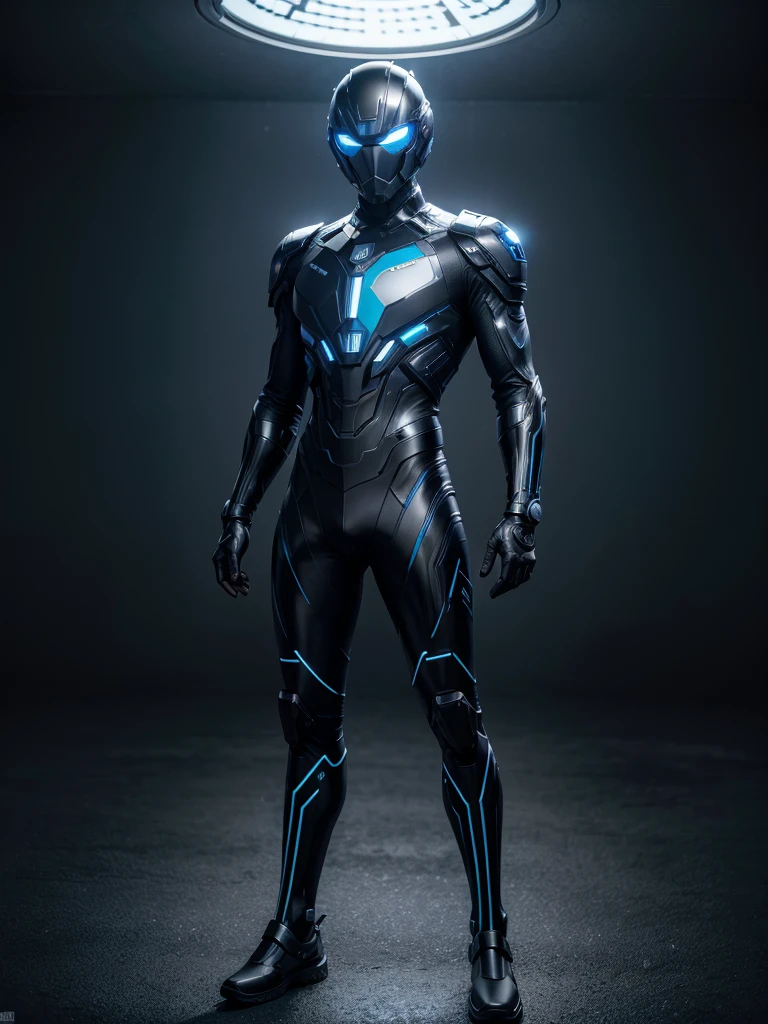 Super advanced technological metallic suit, futurist, ultra detailed 4k, black with dark blue lines, diseño futurist, full body man with helmet