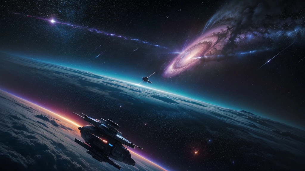 A spaceship traveling through a galaxy filled with colorful stars, nebulae and exotic planets, showing the vastness of the cosmos. The image must be very realistic and in high resolution.