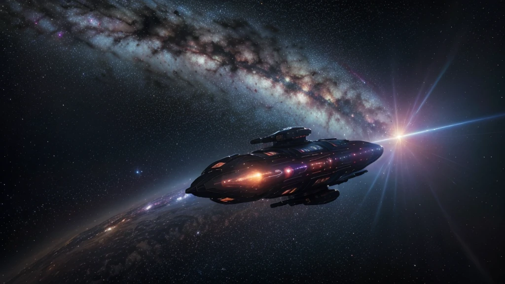 A spaceship traveling through a galaxy filled with colorful stars, nebulae and exotic planets, showing the vastness of the cosmos. The image must be very realistic and in high resolution.