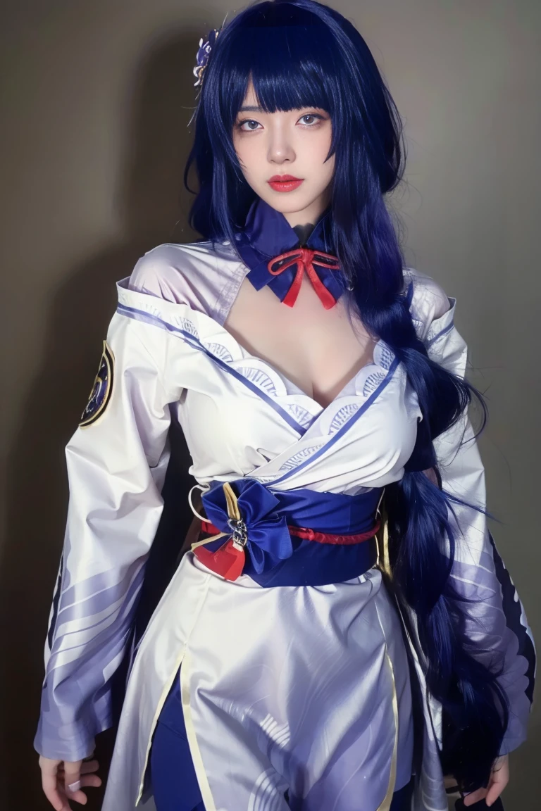 best quality, tmasterpiece,Ultra-high resolution,Clear face,(Reality:1.4),ferpect lighting,(upper body shot), (photorealistic:1.50), anime wallpaper, Guviz style artwork, cover-up fantasy up to magic , by Yang J, Guviz, beautiful artwork illustration, beautiful digital artwork, beautiful digital illustration, Li Song, beautiful anime portrait, art style in Beauvot, Raiden General Nice outfit White outfit Blunt bangs Braided (middle bust: 1.4) cleavage Kimono sleeve width Hair accessories Daily wear (Red belt: 1.4) (light purple hair: 1.4) Very long hair, straight hair, delicate face, cold face, (smooth chin: 0.85), staring audience, beautiful eyes, purple eyes, eye details, skirt, bright lighting, front lighting, super giant breasts: 1.3, random poses, Indoor background,