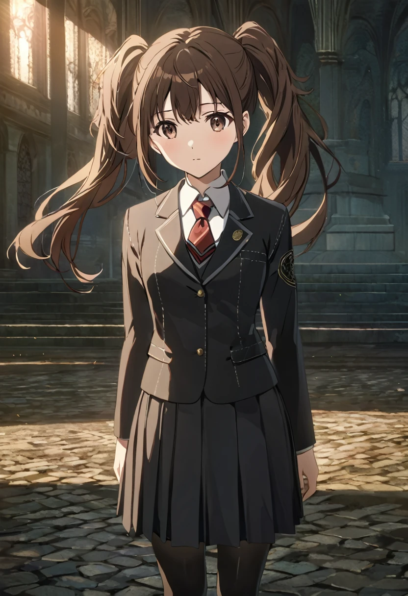 ,(upperbody:1.5),dsrise, brown hair, long hair, twintails, brown eyes, yasogami , serafuku, black thighhighs, 1girl, solo ,standing, school,ground, (cinematic), anime screencap:0.8, official art, masterpiece, best quality,UHD,HDR,intricate detailed,aesthetic,very aesthetic,,