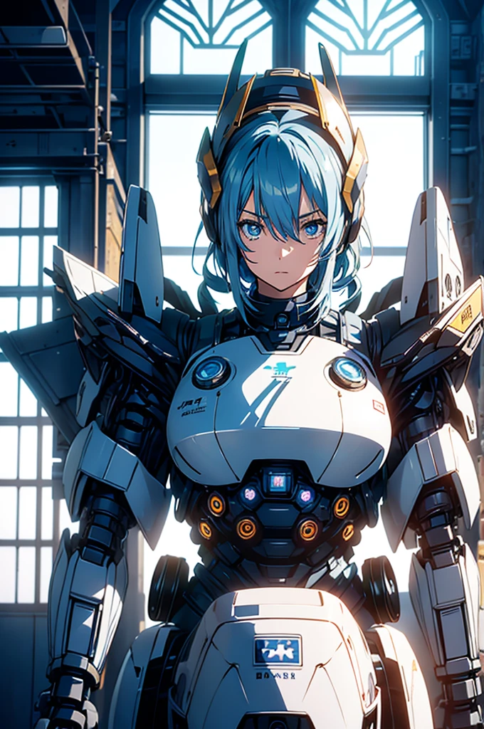 Anime characters, one anime girl, silvery blue hair, bright blue star-shaped eyes, one Robot, Cape, Luminous Eyes, Rugged, Fantasy, Lights, outdated, old style, dark blue, bronze, Room with window, sitting