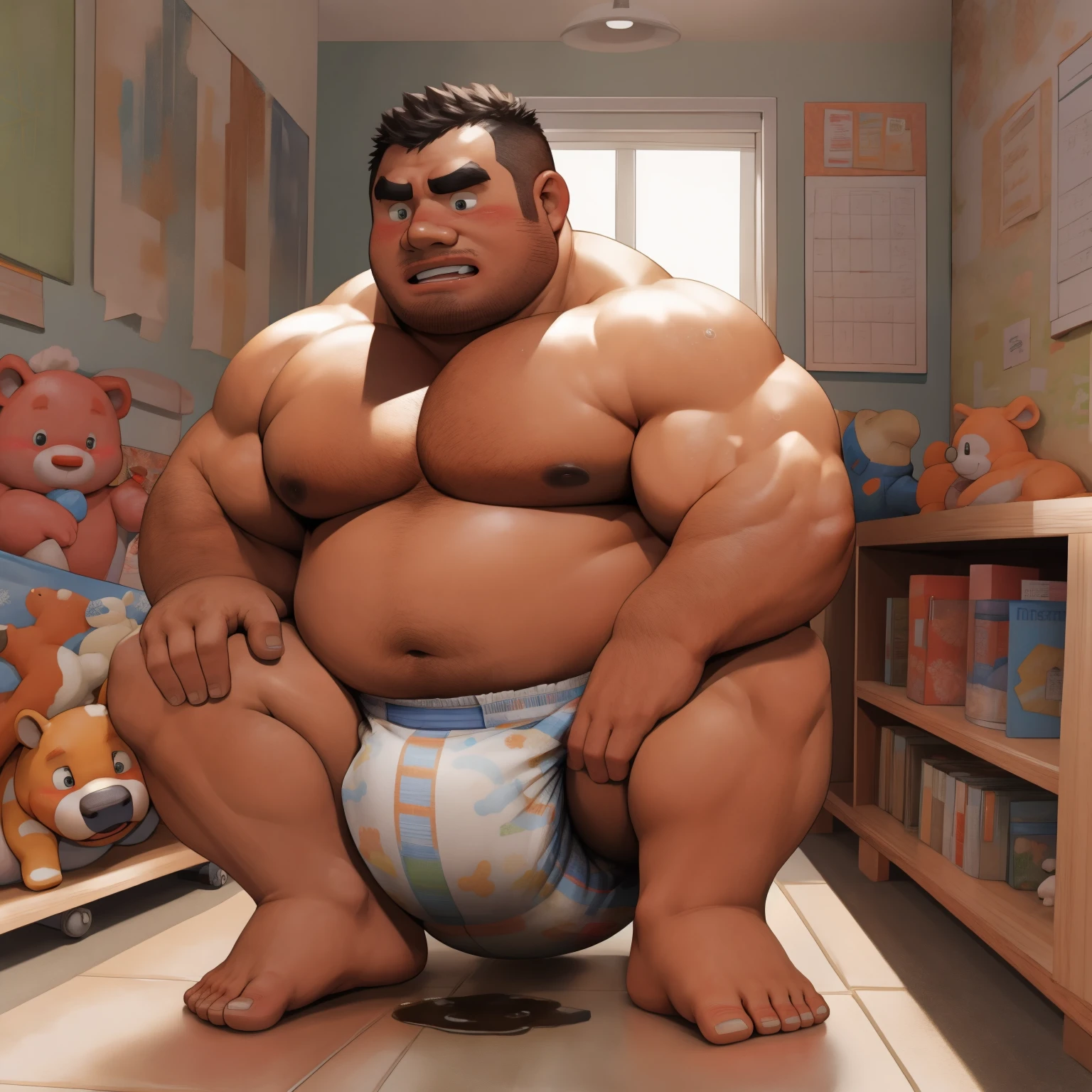 masterpiece, Top quality, in 32K, perfect anatomy, hyper detailed, super fine illustration, The thick man is a brutal prisoner, retarded, hairy, human, 50yo in japan, (fatness: 1.0), Fatty muscle, Bowleg, disappointment, incontinent, be diaper check by children, There is a small puddle under him, Naked, short legs, Bowleg, spread legs, wear a White cloth Diaper, Bare belly, Bare legs, Bare foots, Bare soles, Shirtless, wide forehead and short thinning hair, Man with round face with stubble, Bare foots, Bare soles, shy, sissy, Weaker than children, Drool, Round face, He enters nursery school and is despised by children, He is made to stand attention in the corner of the playroom, corner time, He surrounded by children, Bare foots, big butt, White Diaper, sobbing, There is a small puddle under him
