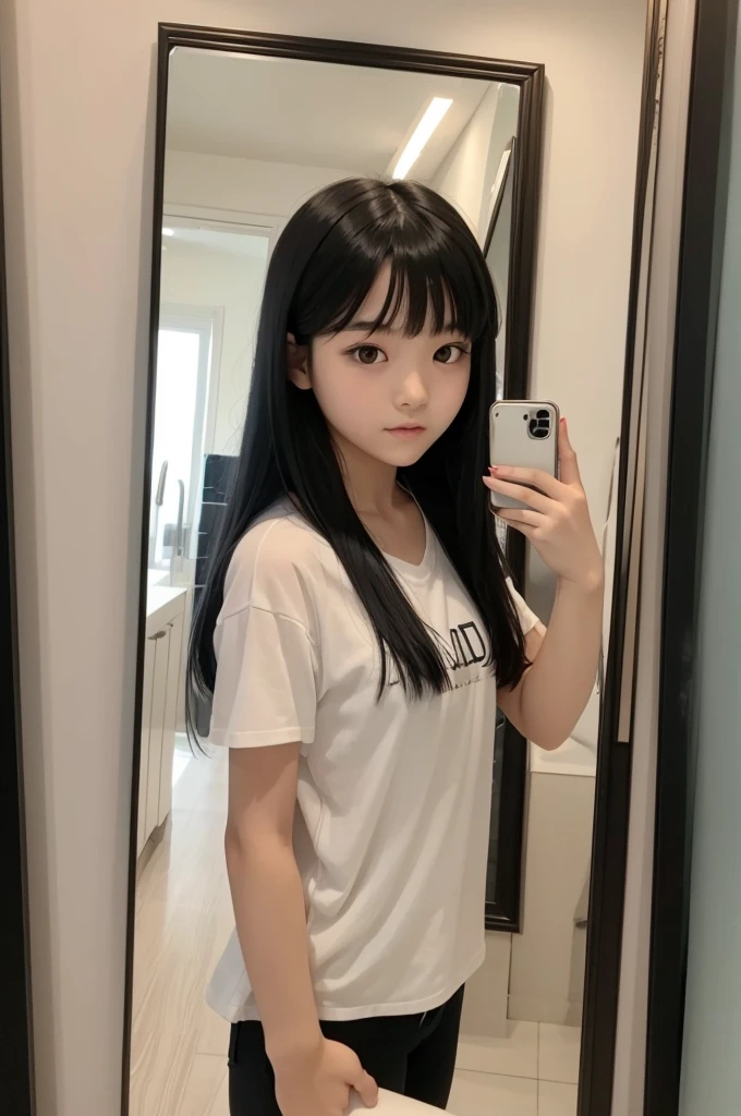 a girl, black hair, 小柄, posing for a blurry photo in the mirror