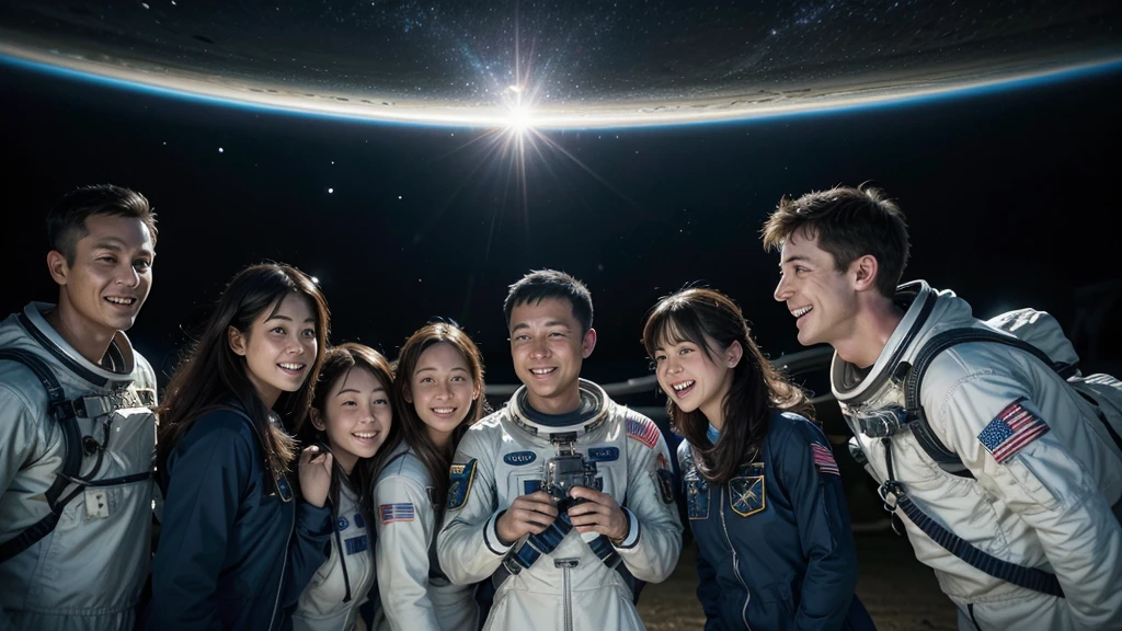 Astronauts returning to Earth, being welcomed by friends and family, with the brightness of the universe reflected in your eyes, sharing stories from your journey. The image needs to be very realistic and in high resolution.