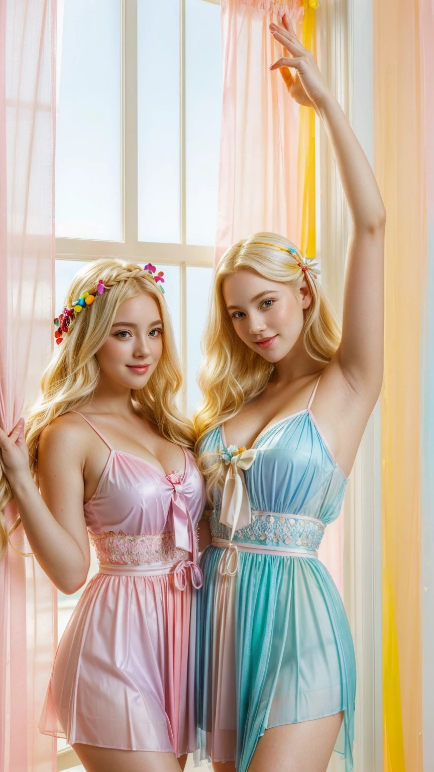 Two blonde curvy girls(very busty, very pale skin(porcelain skin), Long platinum-blonde-hair(styled combed-back, with a large-roibbon bow)), Dressed in a sultry demonic-inspired (pastel blue/pastel pink) outfit(semi-transparent and features soft, flowing fabric that adds to her gentle and innocent appearance). They are depicted making a classic "kawaii" pose with their hands(One hand is placed under her chin in a V shape, and the other hand is raised slightly)-their fingers near her face. Standing with one leg slightly bent and the other straight. their ankles are turned outward and her toes are pointed downward. sunnylight through sheer curtains framed the photography, they are surrounded by lush plants. ((Add confetti(in vibrant colors)to create a celebratory and festive atmosphere.)) . Vibrant, light-orange and bright-pink (neon colors), orange and pink ambient theme.
