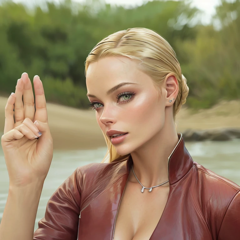 Blonde woman in leather jacket holding her hand near a body of water, Kristanna Loken, Pretty Margot Robbie Vampire, Margot Robbie in gta v, Margot Robbie as princess leia, Margot Robbie, beautiful samara woman weaving, Olya Bossak, Margot Robbie on the beach, samara weaving vampire, solemn gesture, photo of Margot Robbie, Matrix Trinity