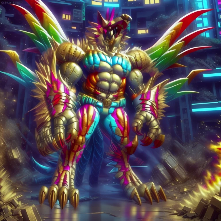 (masterpiece. official art. 8k. best quality. detailed full body. full body.)
(situation 1 : dominating The Phoenix Wolf. The Phoenix Wolf is over 1000 meters long. focus GIANT mechanical Muscular The Phoenix Wolf is trampling the car. Looking down.)
(situation 2 :smoke and flames rising from the destruction in the city)
(Additional details 1: Wearing GOLDEN Armor. Cape. Helmet. real texture material. whole body shines like metal. emphasizes the muscles. suit fully made of metal.Robotic suit).
(Additional details 1.5: The arms are golden. The lower half of the body is golden. The wolf-shaped helmet has sharp fangs. The whole body is golden.).
(Additional details 2: Detailed head. Detailed Body. Detailed abs. gigantic muscles. HYPER MUSCLES. Gigachad Muscular. big muscle. pecs. triceps. traps. unusually developed muscular body. body full of huge muscles. showing off muscles. pectorales enormes. Exaggeratedly huge muscles. huge muscles. long legs.).
(Additional details 3: nj5furry, Spread wings. It has wings. The claws are sharp. Sharp teeth.). He is laughing defiantly. The claws are sharp. Sharp teeth.). He is laughing defiantly. Sky blue is excluded.