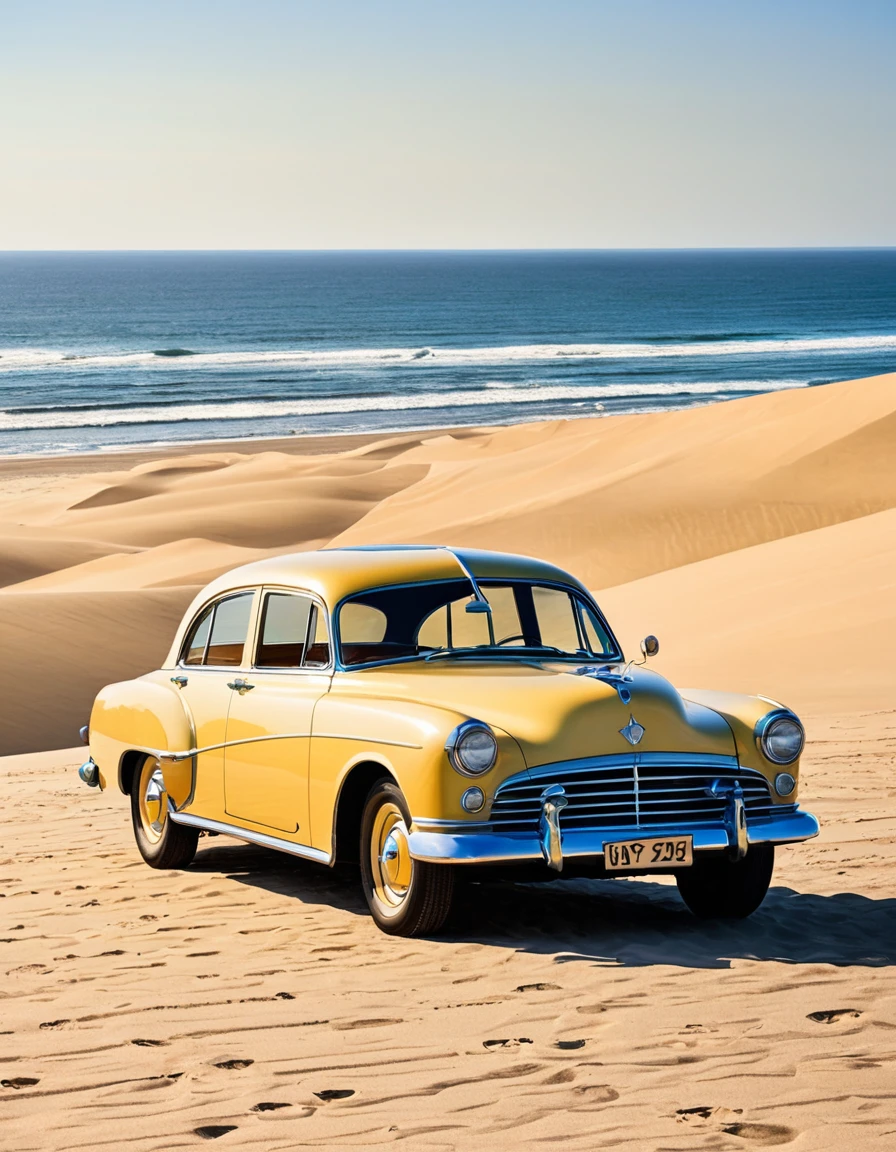 A vintage car with its doors open, parked on a sunny beach with sandy dunes and a clear sky in the background. The sunlight reflects off the windshield, capturing a moment of stillness.