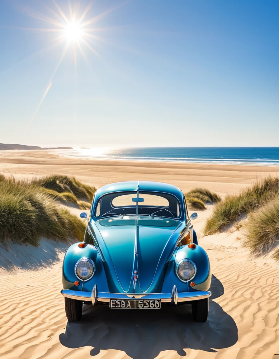 A vintage car with its doors open, parked on a sunny beach with sandy dunes and a clear sky in the background. The sunlight reflects off the windshield, capturing a moment of stillness.