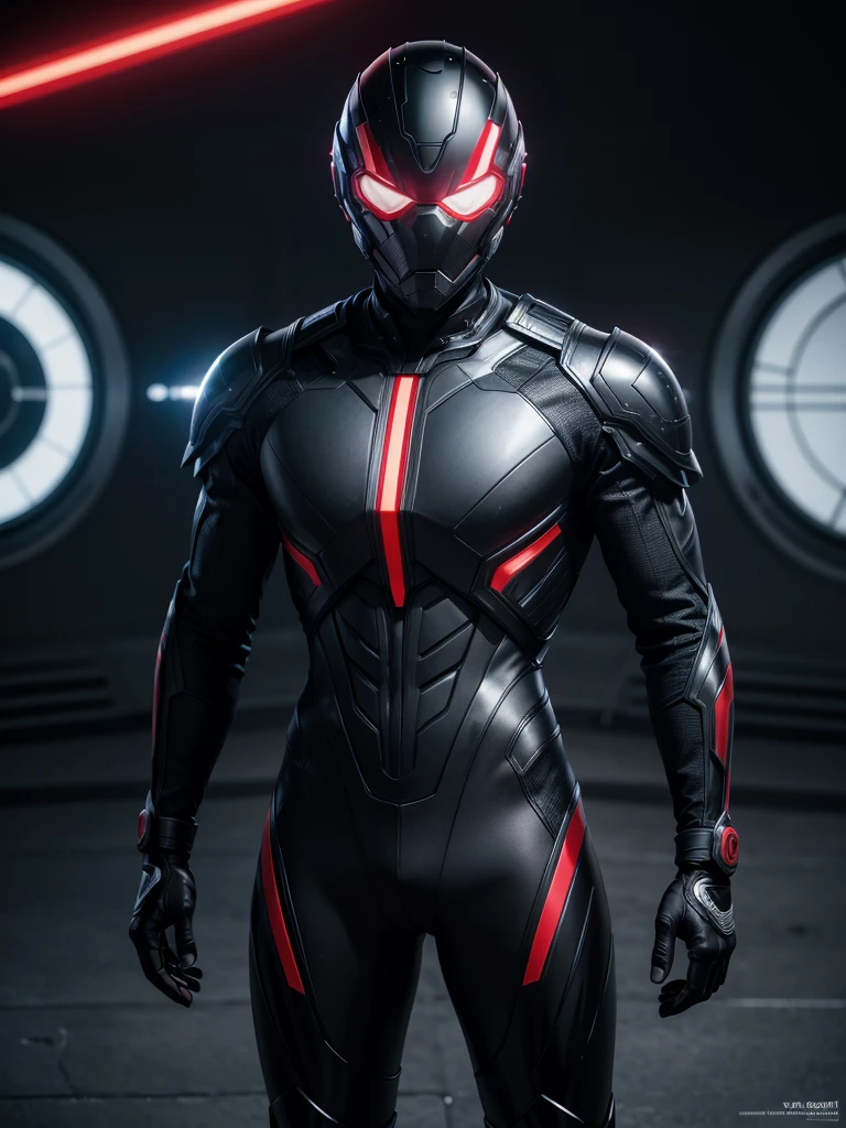 Super advanced technological metallic suit, futurist, ultra detailed 4k, black with dark red lines, diseño futurist, full body man with helmet