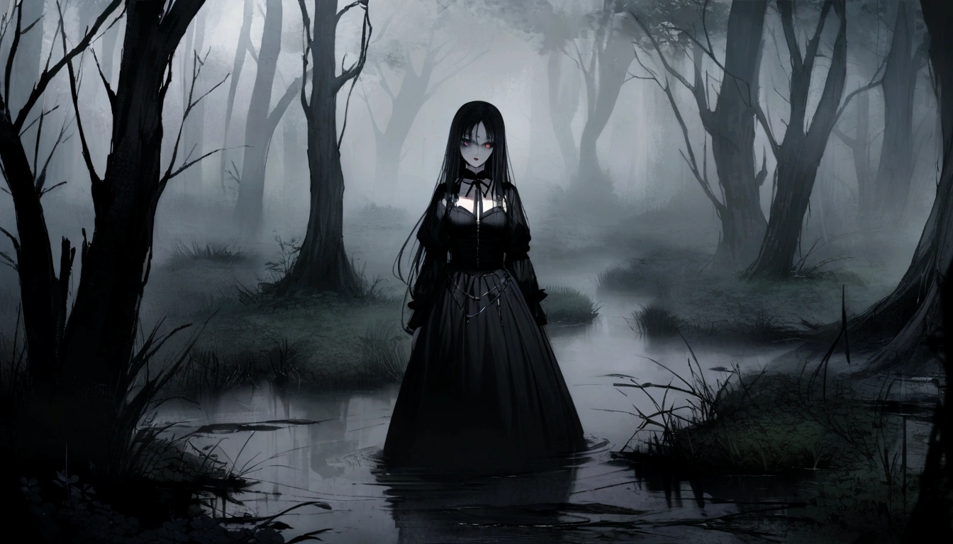 Goth girl with goth make-up in a creepy foggy marsh, witch aesthetic, the Blair witch project, wiccan aesthetic, dark atmosphere, ominous atmosphere, ultra detailed, masterpiece.