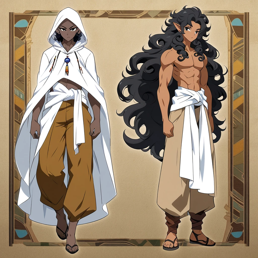 anime art style, dark elf, African skin, black hair, Curly hair, long hair, black eyes, ((man)), athletic body, Druid clothing (white hood, brown pants, white cloth on waist), full body
