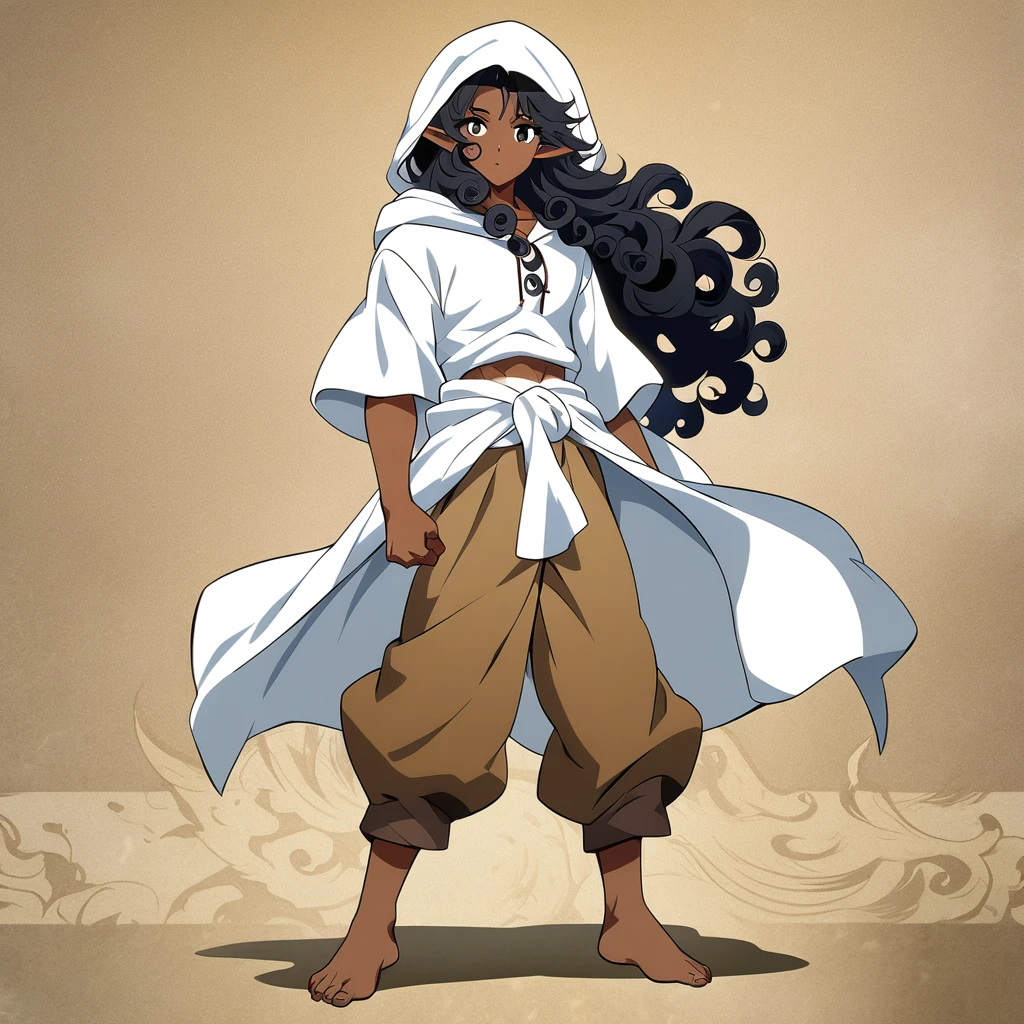 anime art style, dark elf, African skin, black hair, Curly hair, long hair, black eyes, ((man)), athletic body, Druid clothing (white hood, brown pants, white cloth on waist), full body