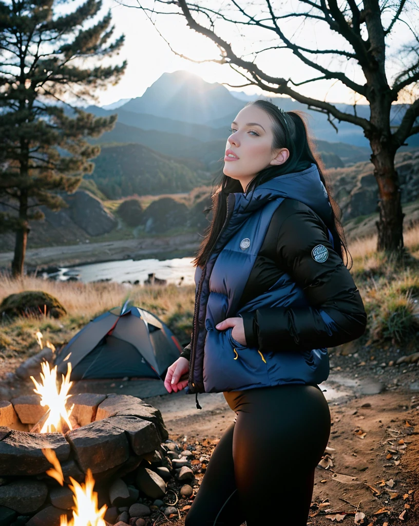 hyper-realistic photo of Angela White, 28, (wearing black cotton leggings, ocher down jacket, closed) (piercing, blue eyes) (silky, loose hair) (skin texture), mountains, nature, trees , rocks, river, current, smoke, campfire (camping inspiration) analog quality, best shadow, film grain, high contrast, raw, lut instagram