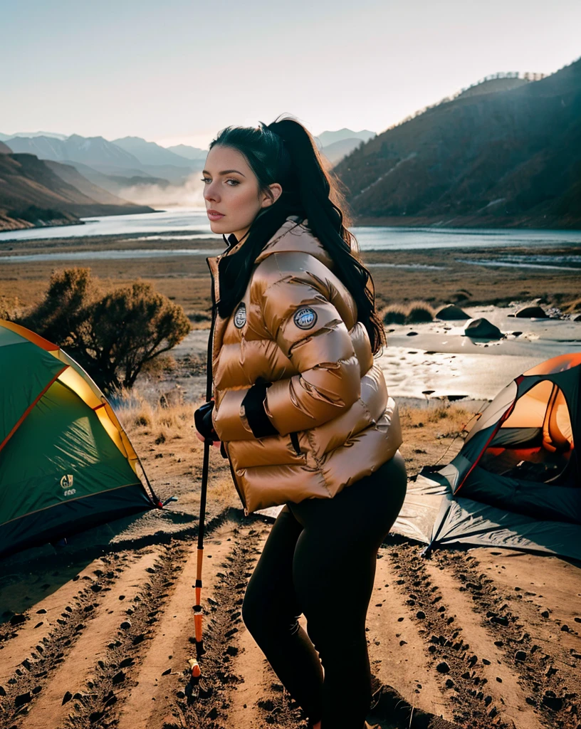 hyper-realistic photo of Angela White, 28, (wearing black cotton leggings, ocher down jacket, closed) (piercing, blue eyes) (silky, loose hair) (skin texture), mountains, nature, trees , rocks, river, current, smoke, campfire (camping inspiration) analog quality, best shadow, film grain, high contrast, raw, lut instagram