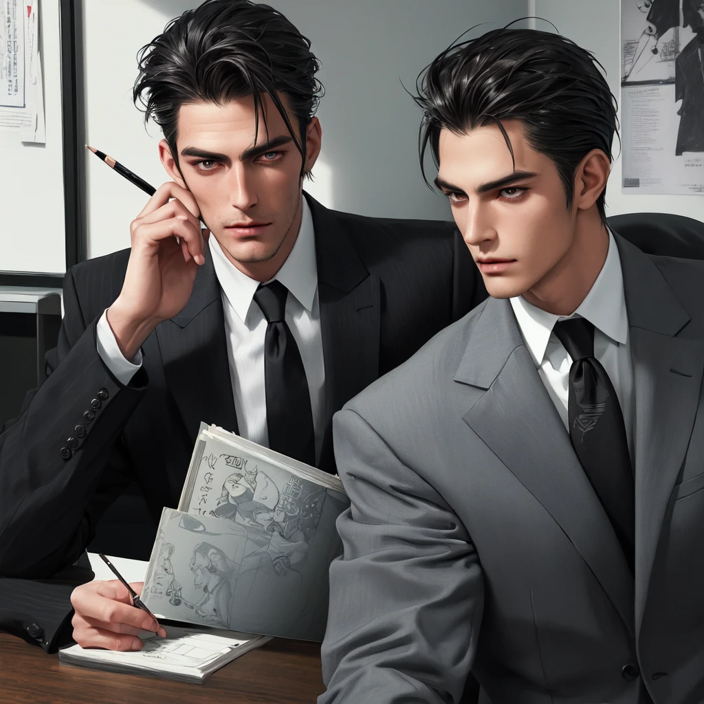 Tall dark and handsome, tattoos, model looking, male, chiseled features, 2D, hand drawn, manga style, rugged, smoking, in office, wearing suit, in his 20s, comic realism, oil painting, color pencil drawn
