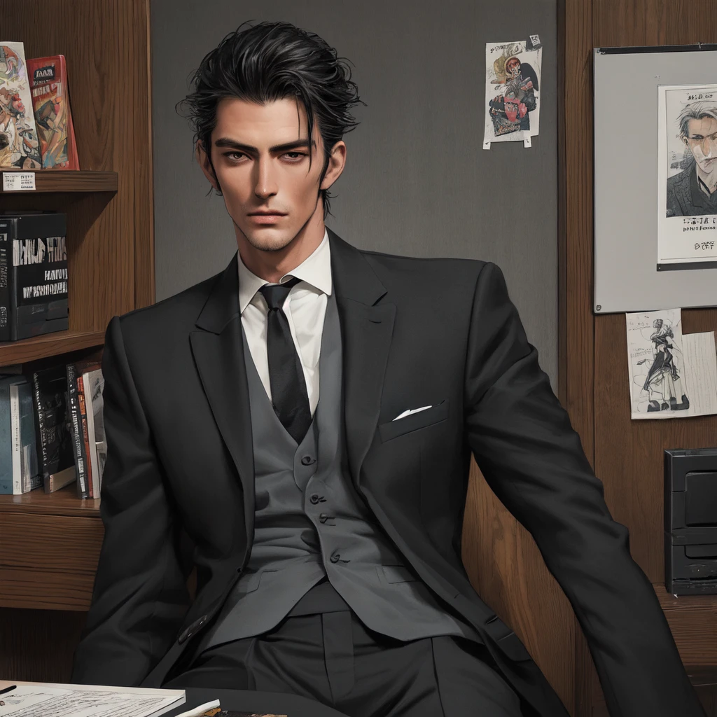 Tall dark and handsome, tattoos, model looking, male, chiseled features, 2D, hand drawn, manga style, rugged, smoking, in office, wearing suit, in his 20s, comic realism, oil painting, color pencil drawn