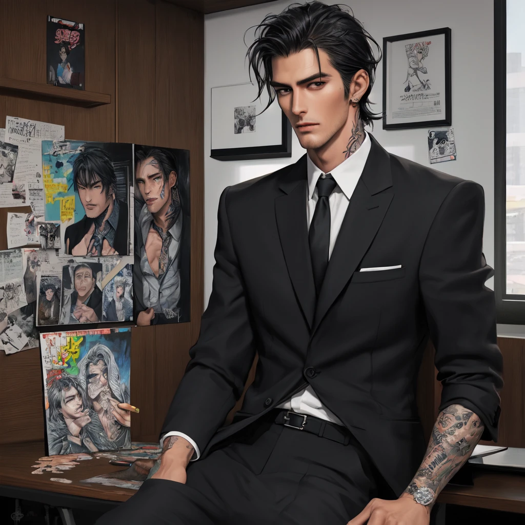 Tall dark and handsome, tattoos, model looking, male, chiseled features, 2D, hand drawn, manga style, rugged, smoking, in office, wearing suit, in his 20s, comic realism, oil painting, color pencil drawn