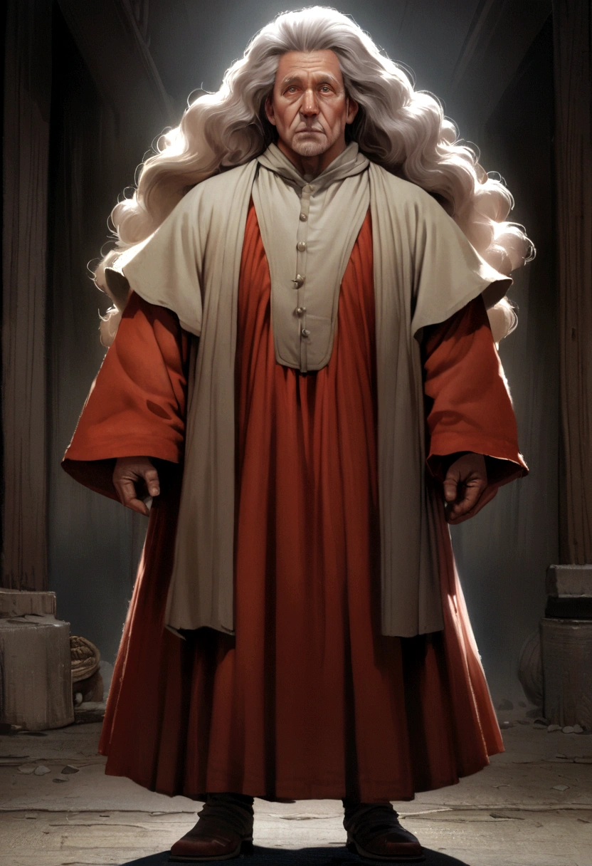 a realistic image of a big haired and barred wizard in his 50s in red and light clothes seen from the front, film scene
