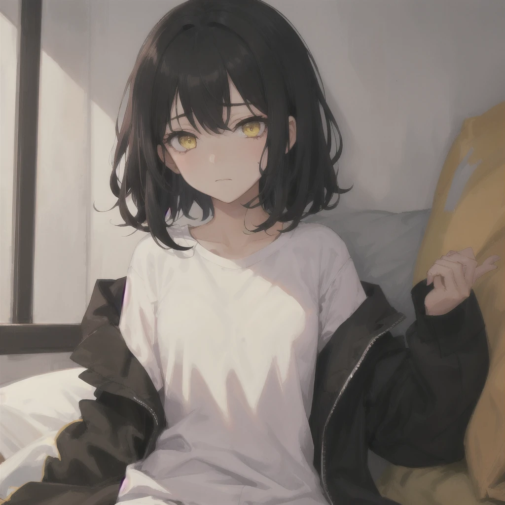 1girl, Black cut hair, yellow eyes, black pijamas, black background, sad