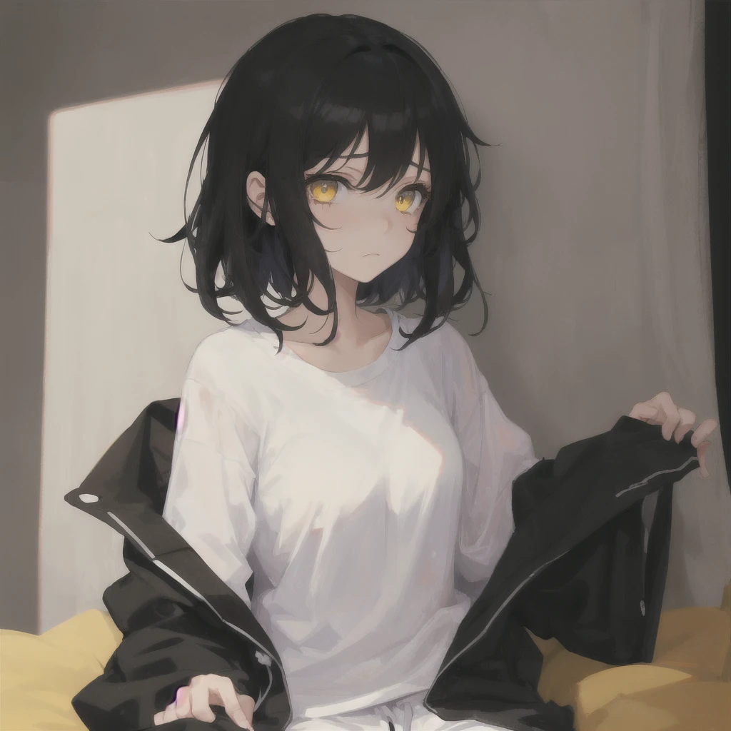 1girl, Black cut hair, yellow eyes, black pijamas, black background, sad