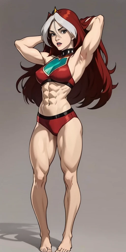 1sologirlRogue looking to viewer, standing on 1leg wearing red bikini outfit, full body toe to head, barefeet, tiara, muscle tone body abs, navel, ARMS UP showing shaved armpits, short hair (hands behind head) grey eyes, gem, circlet, jewelry, tiara (plain background)